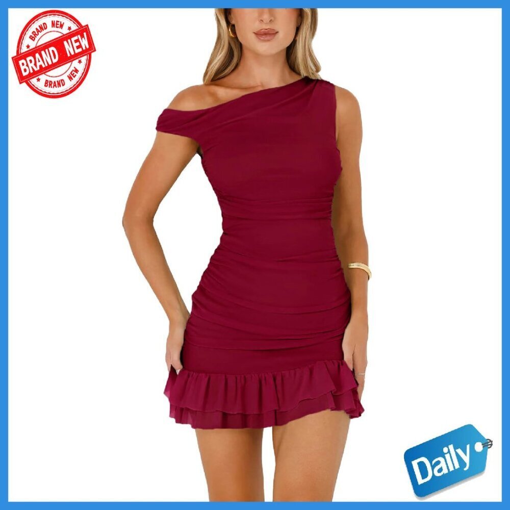Off Shoulder Bodycon Mini Dress Ruched Mesh Ruffle Hem Party Club